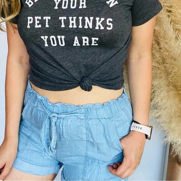 AEO AERIE Blue Soft Denim Elastic Waist Tie Pockets Lyocell Mini Roll Shorts M - Picture 8 of 8